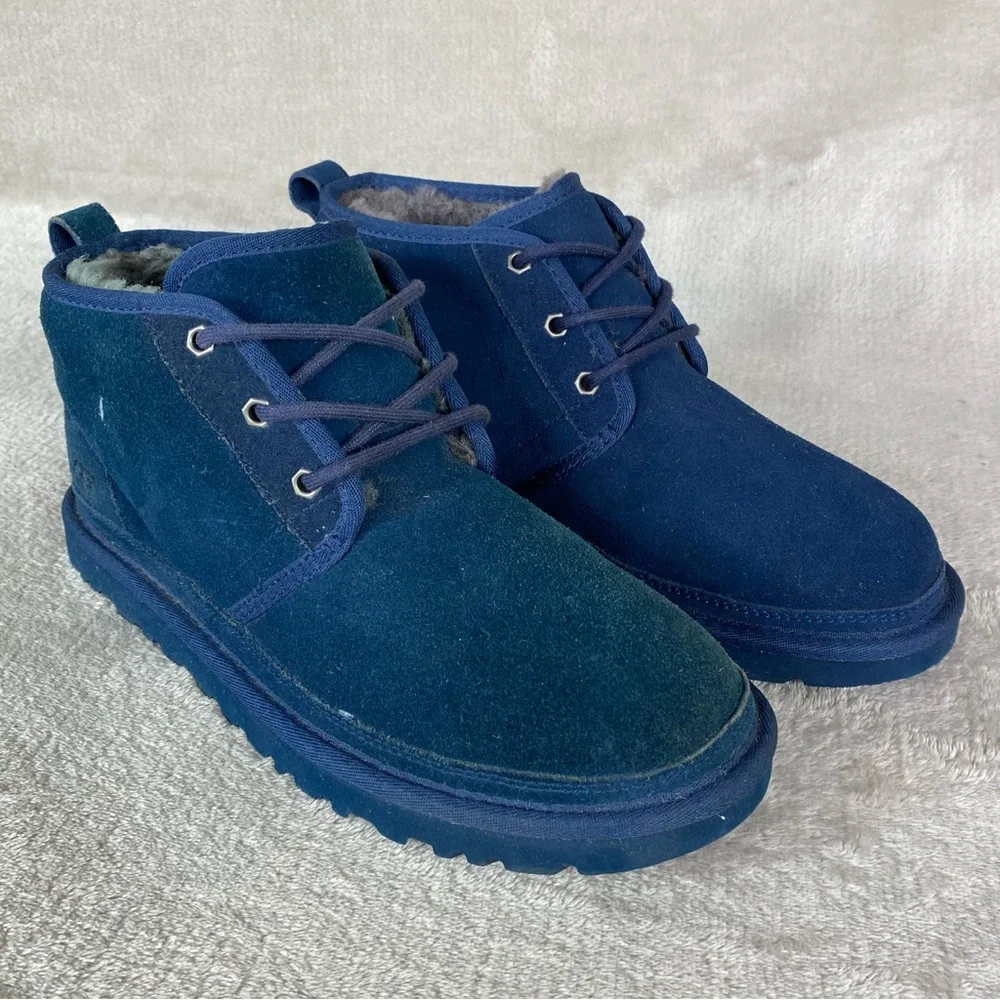 UGG Neumel Boots Mens Size 9 Blue Suede Shearling Chukka Ankle Lace Up